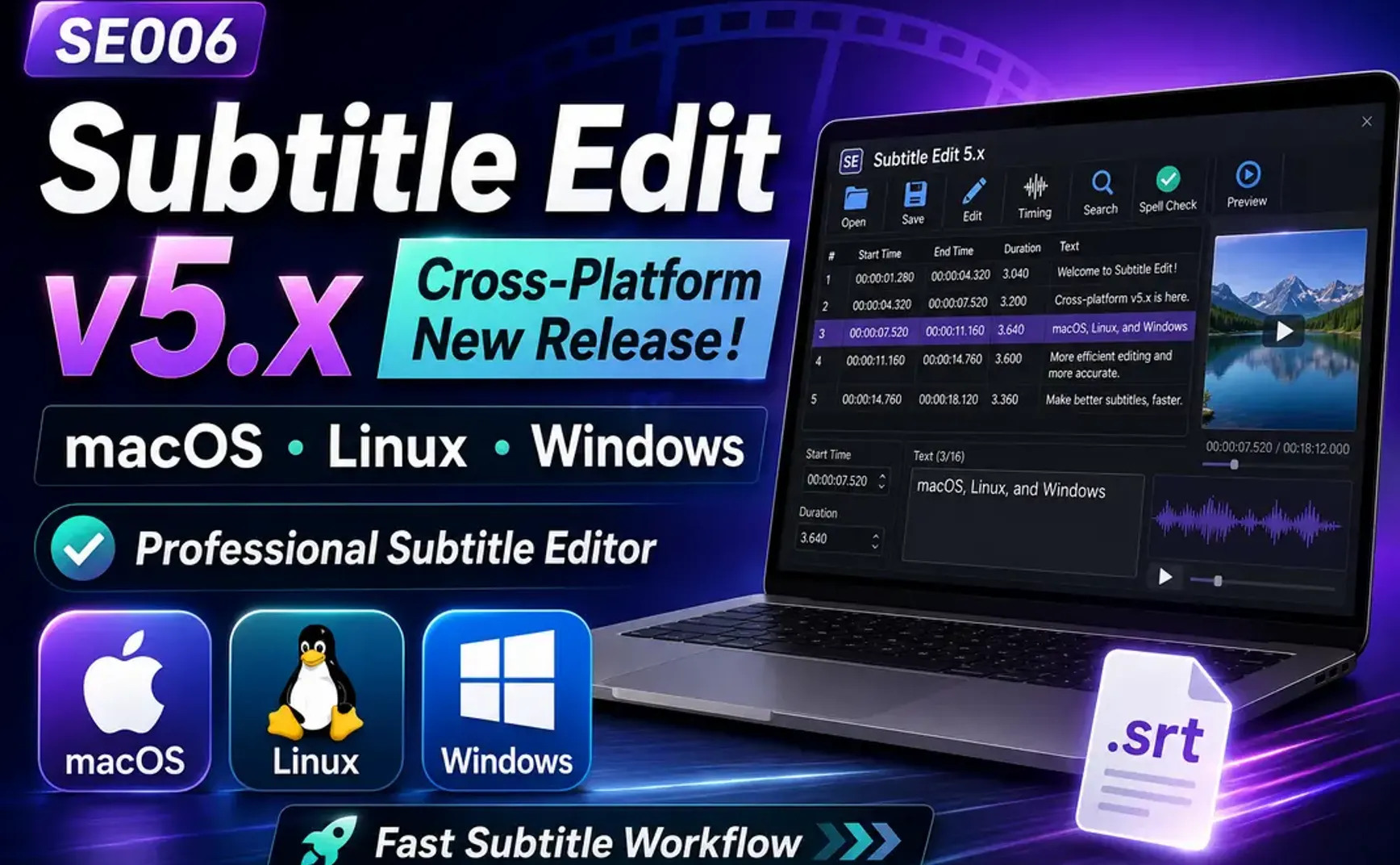 SE006｜Subtitle Edit v5.x Major Upgrade! Finally Supporting macOS, Linux, and Windows Simultaneously—Learn Cross-Platform Subtitle Editing All at Once