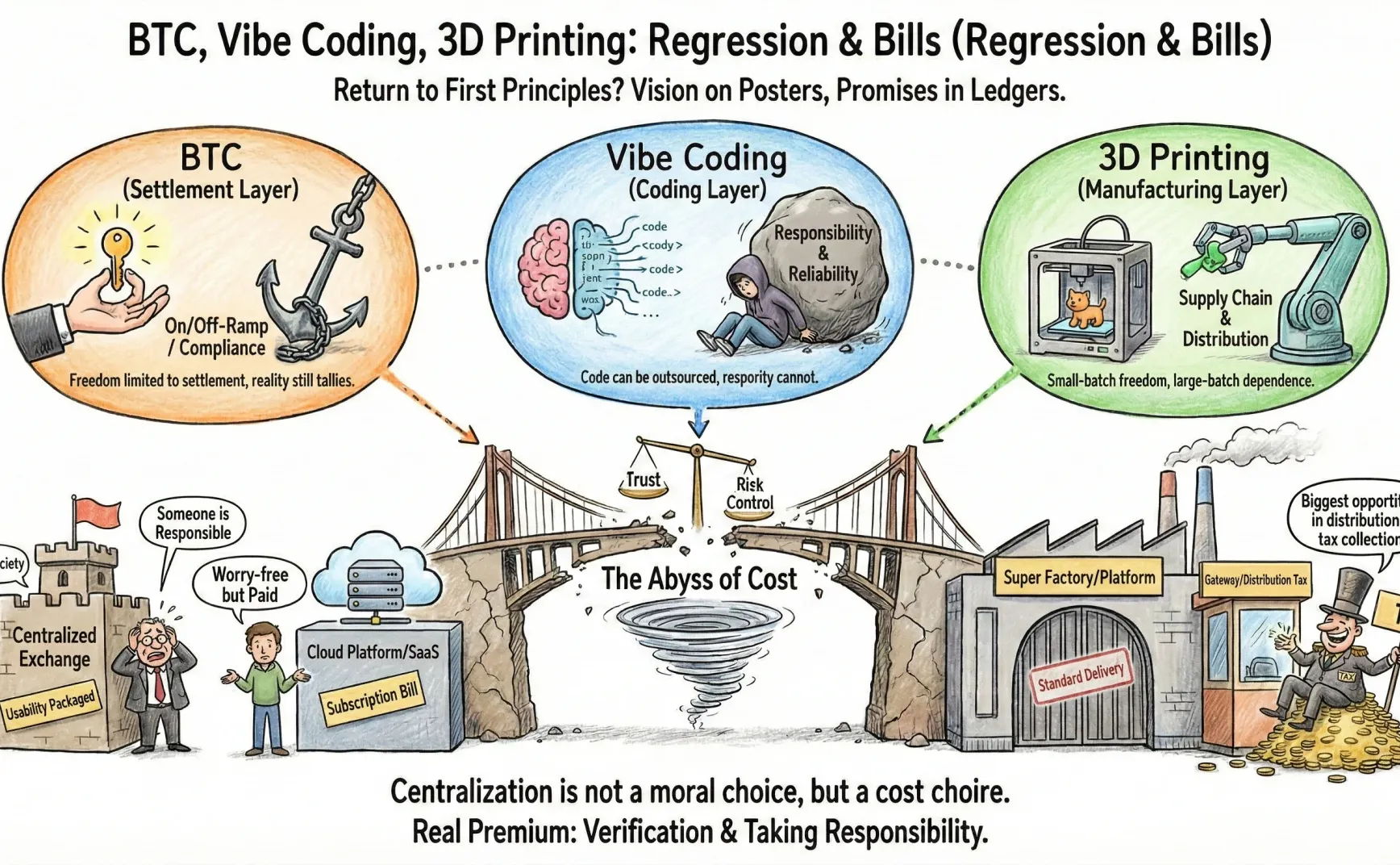 The Invisible Bill: Why BTC, Vibe Coding, and 3D Printing Return to the Center