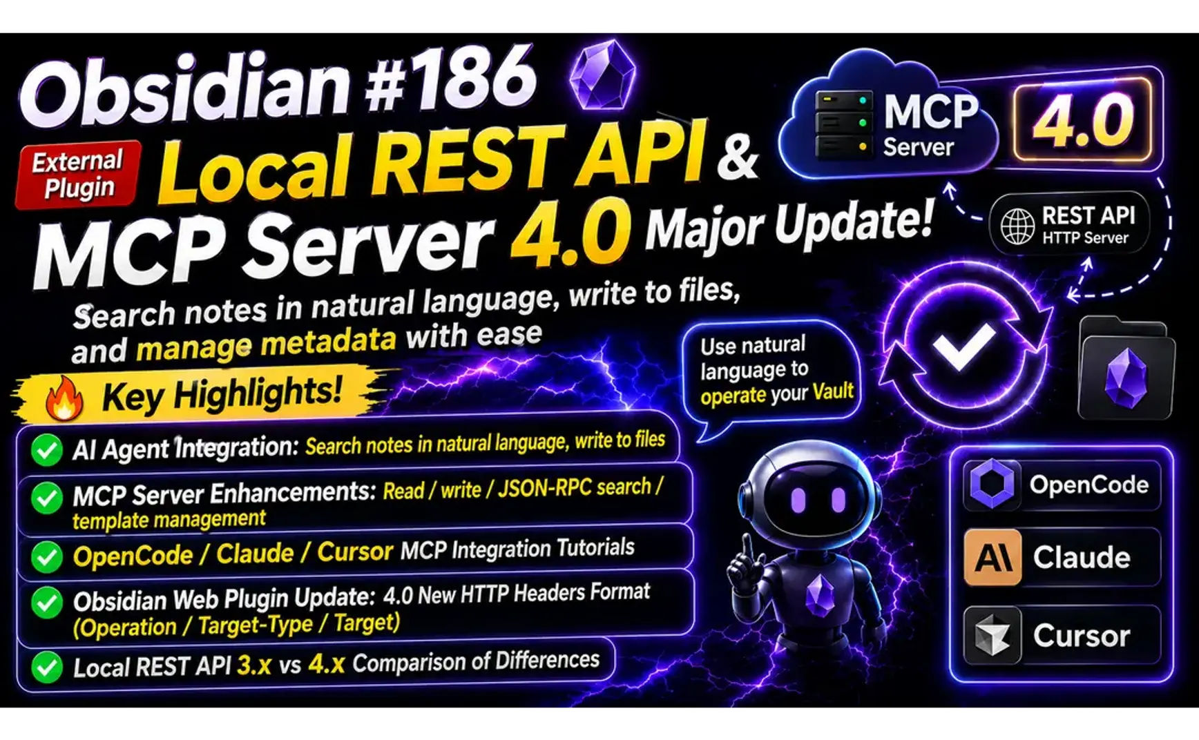 Obs186｜Local REST API & MCP Server 4.0 Major Overhaul! Search Notes, Write Files, and Manage Tags Using Natural Language