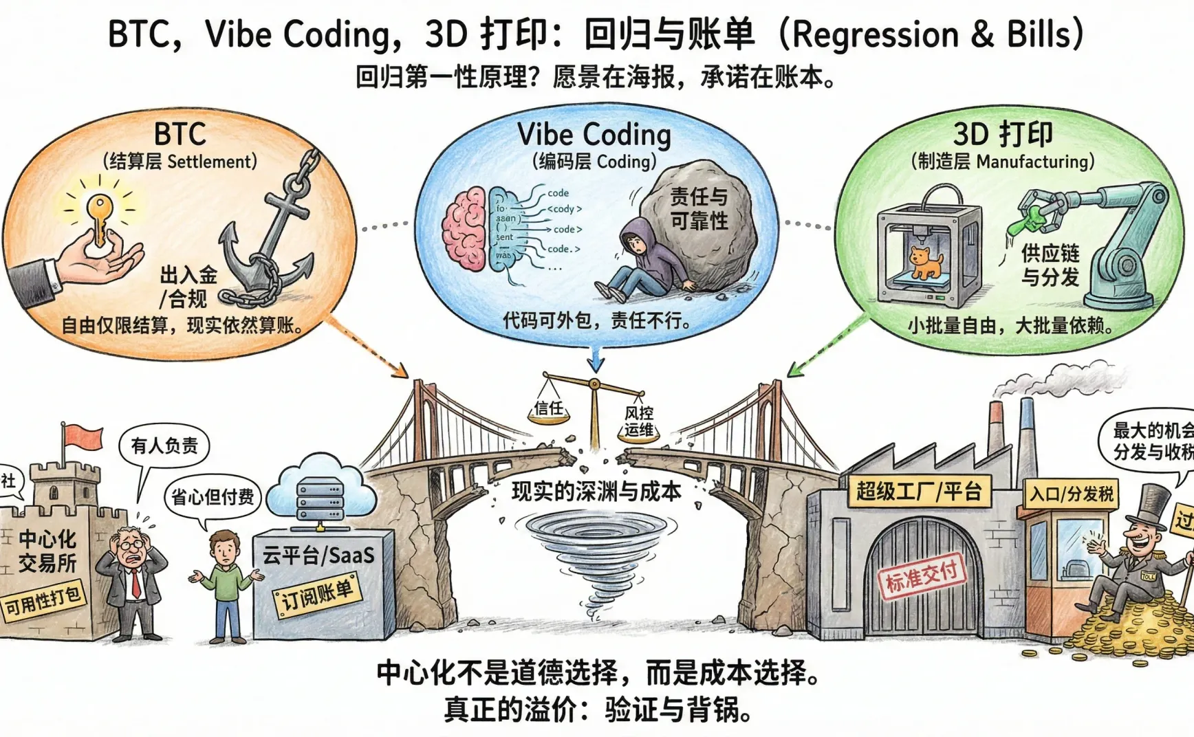 BTC, Vibe Coding, 3D 打印：结算、编码、制造的三次回归和三张账单