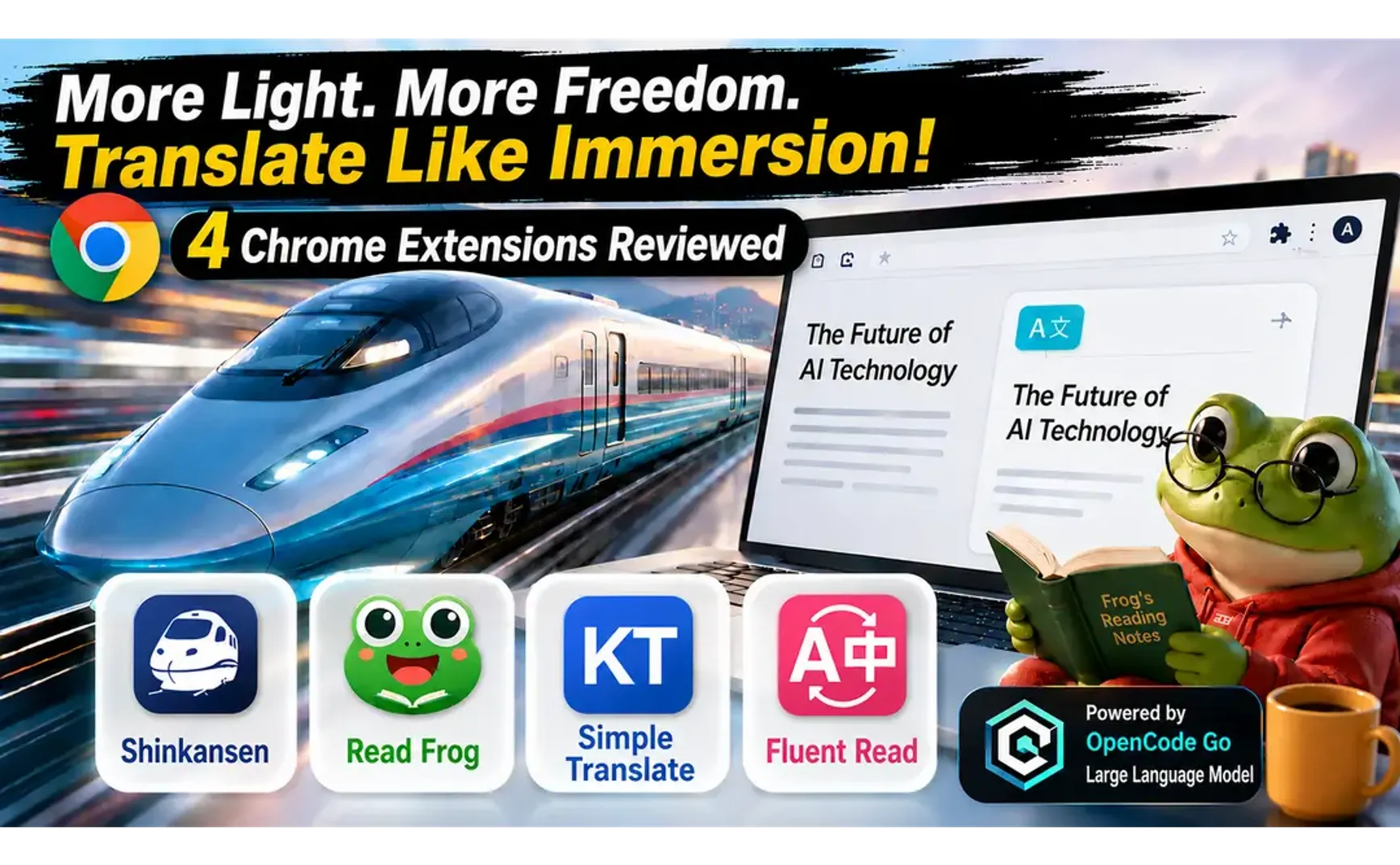 Lighter and Freer Than Immersive Translate: Shinkansen, Read Frog, KISS Translator & Fluent Read—Hands-On Review of 4 Chrome Extensions; Using OpenCode Go's Large Language Models