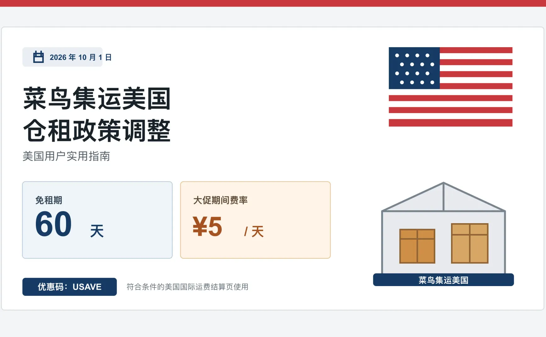 菜鸟集运美国仓租新政策：10 月 1 日起 60 天免租，大促期 5 元/天