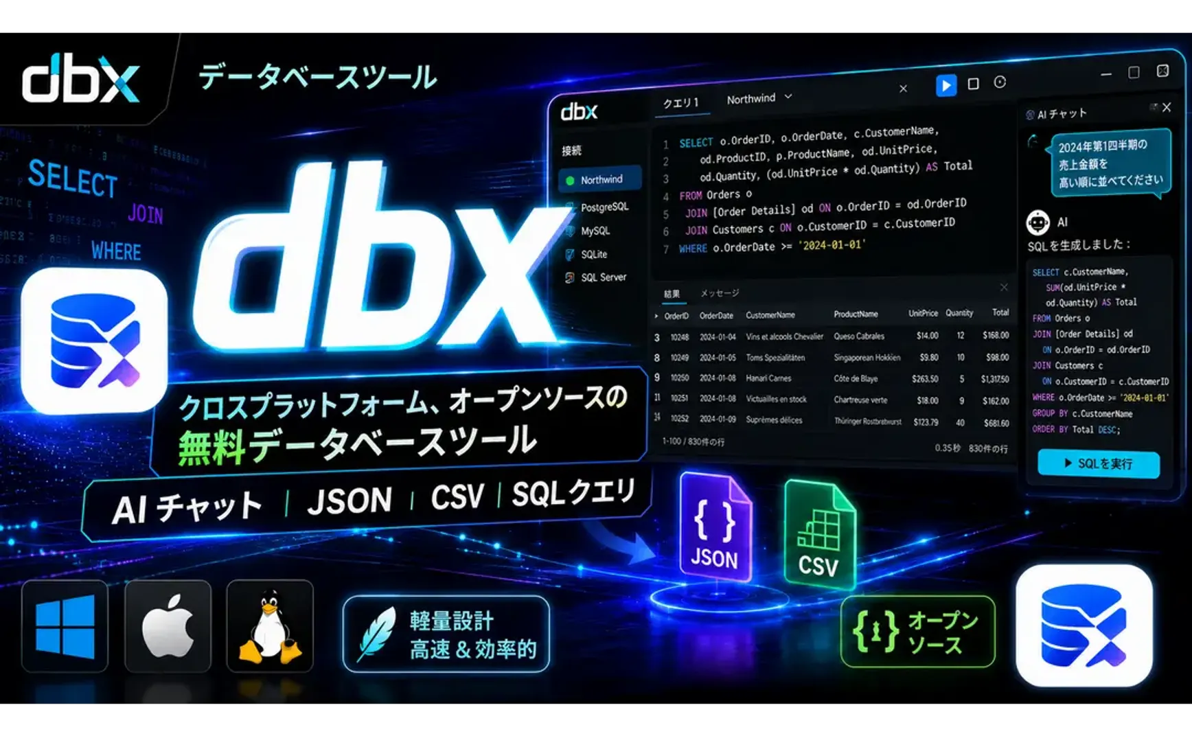 エンジニア必携！dbx 軽量データベースツール + MCP Server で AI Agent がデータを直接操作；クロスプラットフォーム・オープンソース無料の軽量データベース管理ツール：dbx