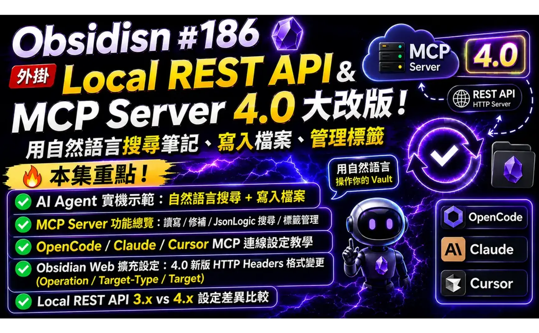 Obs186｜Local REST API & MCP Server 4.0 大改版！用自然語言搜尋筆記、寫入檔案、管理標籤