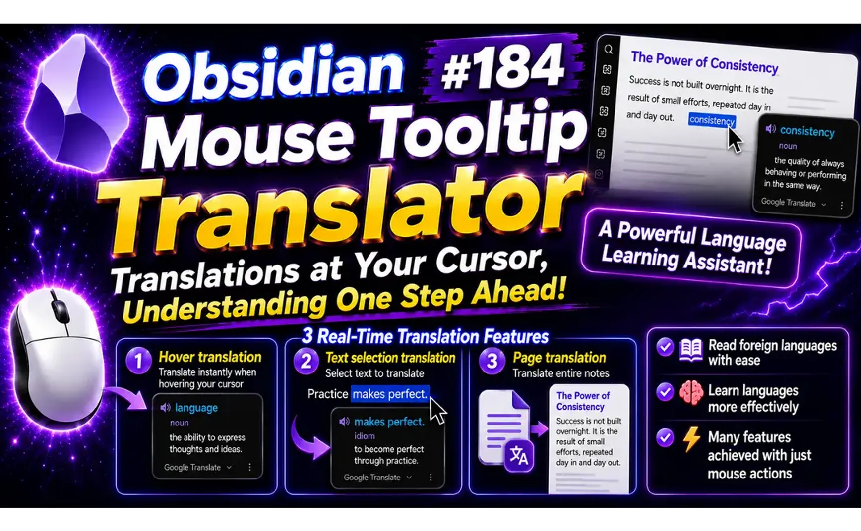 Obs184｜🚀 The Ultimate Language Learning Tool for Obsidian! Mouse Tooltip Translator Makes Reading Foreign Text Effortless—Hover Your Mouse and Turn Obsidian into an Instant Translator